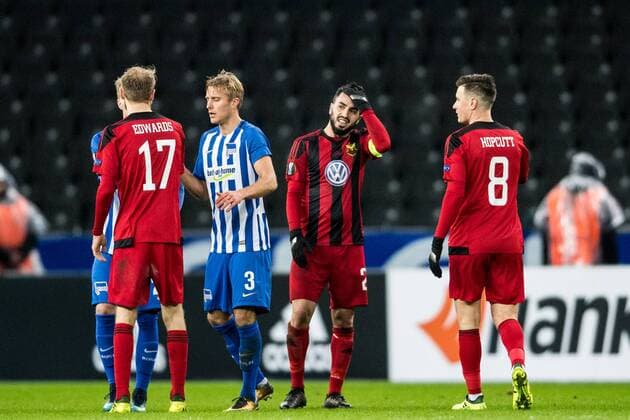 171207 Östersunds Brwa Nouri (m) deppar efter fotbollsmatchen i Europa League mellan Hertha Berlin och Östersund den 7 december 2017 i Berlin. Copyright: PETTERxARVIDSON BB171207PA159