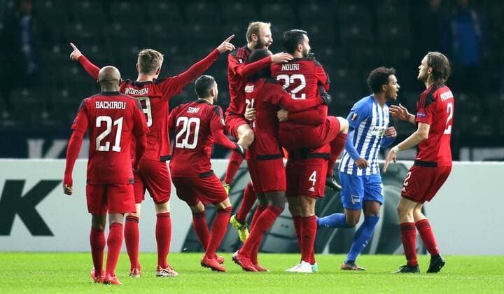 Berlin, Olympiastadion Berlin, Europa League, Hertha BSC gegen Östersunds FK Bild:Sotirius Papagiannopoulos zum 1:0 für Östersund Fußball - Europa League - Hertha BSC - Östersunds FK