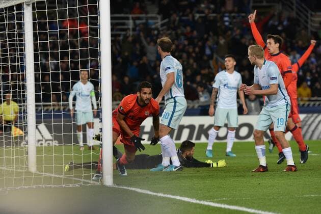 December 7, 2017 - San Sebastian, Guipuzcoa, Spain - Willian Jose of Real Sociedad celebrates with teammates after scoring during the UEFA Europa League Group L football match between Real Sociedad and Zenit at the Anata Stadium, on 7 December 2017 in San Sebastian, Spain Real Sociedad v Zenit St. Petersburg - UEFA Europa League  - ZUMAn230 20171207_zaa_n230_534 Copyright: xJosexIgnacioxUnanuex