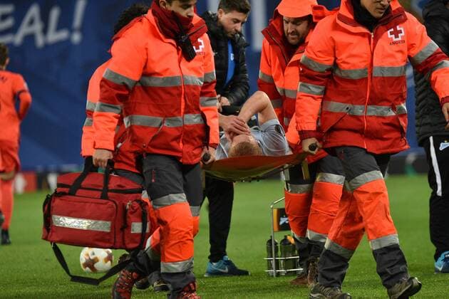December 7, 2017 - San Sebastian, Guipuzcoa, Spain - Zenit s Russian defender Igor Smolnikov is carried off the pitch during the UEFA Europa League group L football match between Real Sociedad and Zenit Saint Petersburg in San Sebastian on December 7, 2017. Real Sociedad v Zenit St. Petersburg - UEFA Europa League  - ZUMAn230 20171207_zaa_n230_541 Copyright: xJosexIgnacioxUnanuex