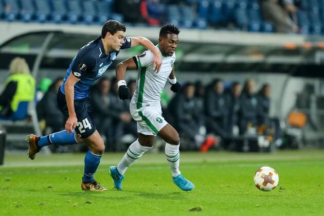 Sinsheim, Deutschland 07.12.2017, UEFA Europa League - 2017 18 Season, Gruppenphase - Gruppe C - 6. Spieltag, TSG 1899 Hoffenheim - PFC Ludogorets 1945 , Cicinho (Ludogorets) und Virgil Misidjan (Ludogorets) im Zweikampf ( DeFodi507