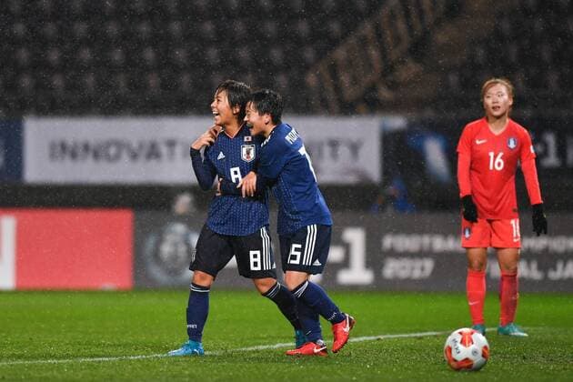 CHIBA, JAPAN - DECEMBER 08: Mana Iwabuchi 8 of Japan celebrates with team mates after scoring her team s third goal during the EAFF E-1 Women s Football Championship between Japan and South Korea at Fukuda Denshi Arena on December 8, 2017 in Chiba, Japan.  Copyright: xVCGx CFP111140238411 
