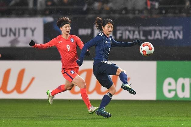 CHIBA, JAPAN - DECEMBER 08: Aya Sameshima 3 of Japan and Kang Yumi 9 of South Korea compete for the ball during the EAFF E-1 Women s Football Championship between Japan and South Korea at Fukuda Denshi Arena on December 8, 2017 in Chiba, Japan.  Copyright: xVCGx CFP111140230249 