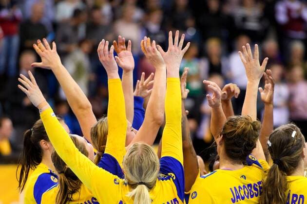 171208 De svenska spelarna jublar efter matchen mellan Norge och Sverige under handbolls-VM den 8 december 2017 i Bietigheim Bissingen. Copyright: CARLxSANDIN BB171208CS136