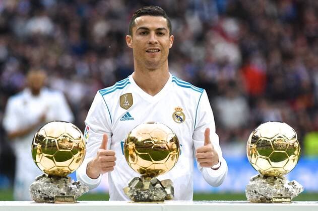Real Madrid v Sevilla La Liga Cristiano Ronaldo of Real Madrid poses with his Ballon d Or trophies after being presented with the 2017 edition pictured ahead of the La Liga match at the Estadio Santiago Bernabeu, Madrid Content Not Available For UK Newspapers Copyright: xKristianxKanex FIL-11075-0012