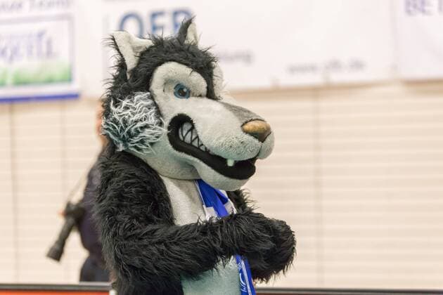 Maskottchen, mascot VfB 91 Suhl Lotto Thüringen, Volleyball, 1. Bundesliga Frauen, Schwarz-Weiß Erfurt - VfB 91 Suhl Lotto Thüringen,