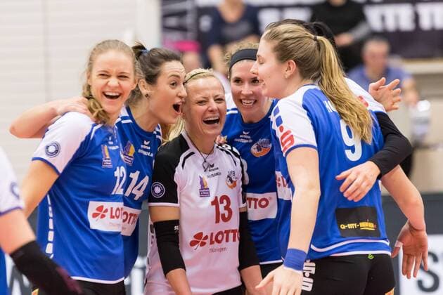 Jubel, celebration bei VfB 91 Suhl Lotto Thüringen, Volleyball, 1. Bundesliga Frauen, Schwarz-Weiß Erfurt - VfB 91 Suhl Lotto Thüringen,