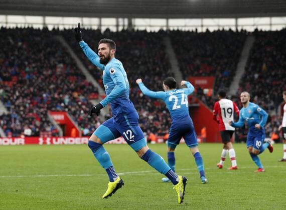 Arsenal s Olivier Giroud celebrates scoring his sides opening goal during the premier league match at St Mary s Stadium, Southampton. Picture date 10th December 2017. Picture credit should read: David Klein Sportimage EDITORIAL USE ONLY. No use with unauthorised audio, video, data, fixture lists, club league logos or live services. Online in-match use limited to 120 images, no video emulation. No use in betting, games or single club league player publications.