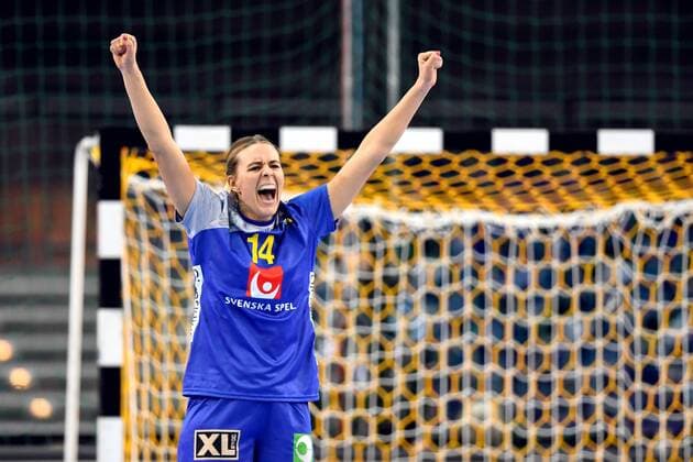 Handball, WM, Damen, Schweden - Slowenien 171210 Sveriges Johanna Westberg jublar under attondelsfinalen mellan Sverige och Slovenien under handbolls-VM den 10 december 2017 i Leipzig. Copyright: CARLxSANDIN BB171210CS059