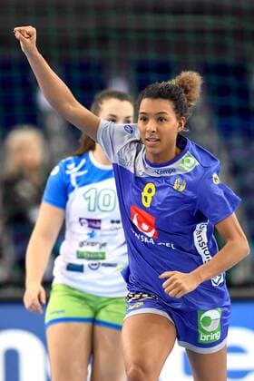 Handball, WM, Damen, Schweden - Slowenien 171210 Sveriges Jamina Roberts jublar under attondelsfinalen mellan Sverige och Slovenien under handbolls-VM den 10 december 2017 i Leipzig. Copyright: CARLxSANDIN BB171210CS085
