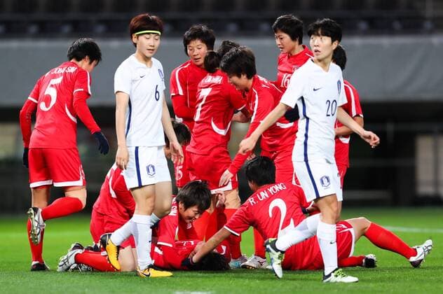 CHIBA, JAPAN - DECEMBER 11: Kim Yun Mi 12 of North Korea celebrates with team mates after scoring her team s first goal during the EAFF E-1 Women s Football Championship between North Korea and South Korea at Fukuda Denshi Arena on December 11, 2017 in Chiba, Japan.  Copyright: xVCGx CFP111140546918 