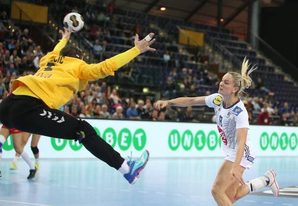 Frankreich - Montenegro Handball Frauen WM Leipzig, 12.12.2017, Arena Leipzig, Weltmeisterschaft 2017, Handball Frauen Viertelfinale. , Frankreich (FRA) vs Montenegro (MNE) , Im Bild v.l.: Torfrau Marina RAJCIC (1, Montenegro) und Manon HOUETTE (13, Frankreich) ,