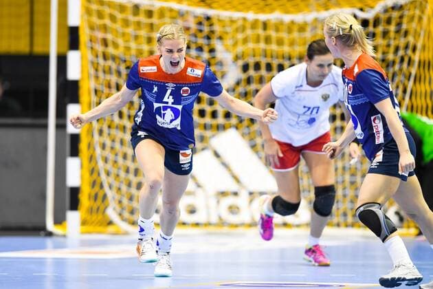 Handball, WM Damen, Norwegen - Russland 171213 Norges Veronica Egebakken Kristiansen jublar i kvartsfinalen mellan Norge och Ryssland under handbolls-VM den 13 december 2017 i Magdeburg. Copyright: CARLxSANDIN BB171213CS075
