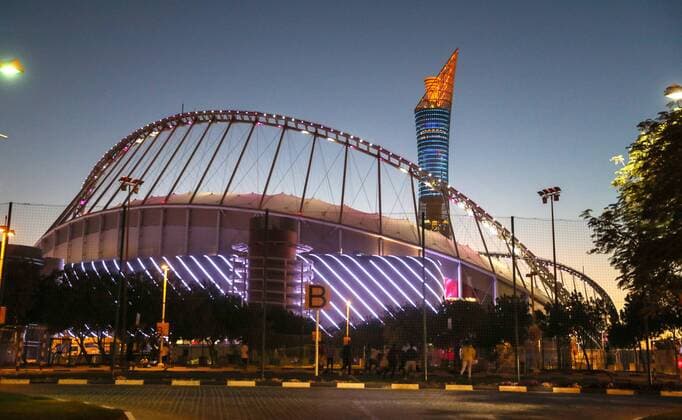 DOHA, QATAR - DECEMBER 12, 2017: A night view of Khalifa International Stadium, a venue for 2022 FIFA World Cup WM Weltmeisterschaft Fussball football matches. Qatar is to host the FIFA World Cup in late 2022. Valery Sharifulin TASS  TS06D2CC