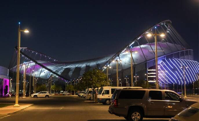 DOHA, QATAR - DECEMBER 12, 2017: A night view of Khalifa International Stadium, a venue for 2022 FIFA World Cup WM Weltmeisterschaft Fussball football matches. Qatar is to host the FIFA World Cup in late 2022. Valery Sharifulin TASS  TS06D2CD