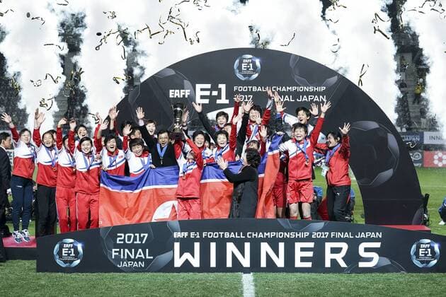 CHIBA, JAPAN - DECEMBER 15: North Korean players cerebrate the East Asian Champions at the award ceremony following their 2-0 victory the EAFF E-1 Women s Football Championship between Japan and North Korea at Fukuda Denshi Arena on December 15, 2017 in Chiba, Japan.  Copyright: xVCGx CFP111140898370 