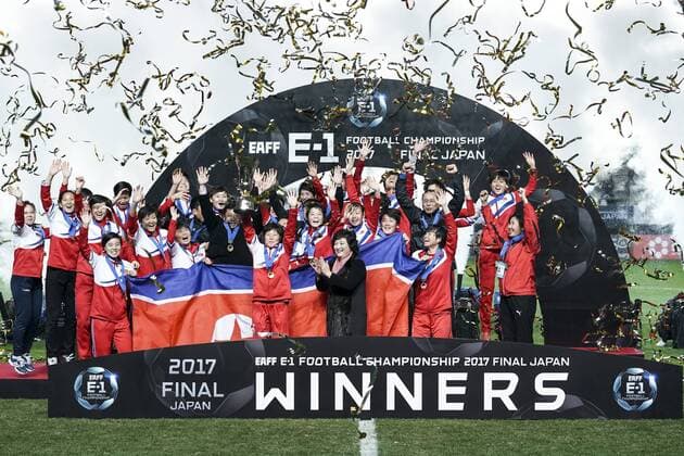 CHIBA, JAPAN - DECEMBER 15: North Korean players cerebrate the East Asian Champions at the award ceremony following their 2-0 victory the EAFF E-1 Women s Football Championship between Japan and North Korea at Fukuda Denshi Arena on December 15, 2017 in Chiba, Japan.  Copyright: xVCGx CFP111140899466 