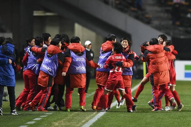 CHIBA, JAPAN - DECEMBER 15: North Korean players celebrate 2-0 victory during the EAFF E-1 Women s Football Championship between Japan and North Korea at Fukuda Denshi Arena on December 15, 2017 in Chiba, Japan.  Copyright: xVCGx CFP111140897884 