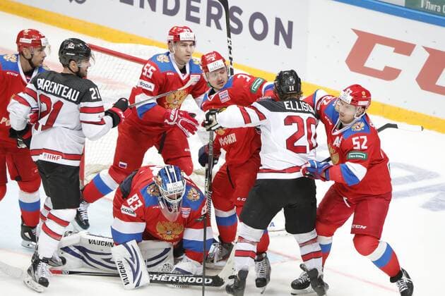 MOSCOW, RUSSIA â€“ DECEMBER 16, 2017: Russian and Canadian players fight in their 2017-18 Euro Hockey Tour Channel One Cup Ice hockey Eishockey match at the VTB Ice Palace. Mikhail Japaridze TASS  TS06D6A0