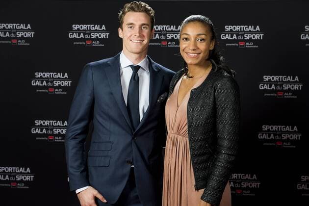 Belgian Niels Pittomvils and Belgian Nafissatou Nafi Thiam pictured during the gala evening for the man and woman of the year 2017 awards, Saturday 16 December 2017, in Brussels. JASPERxJACOBS  x05234361x