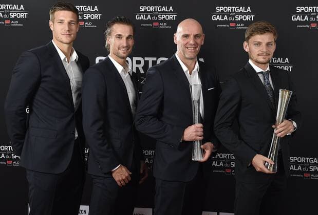 Belgian Joris De Loore, Belgian Ruben Bemelmans, Davis Cup captain Johan Van Herck and Belgian David Goffin best team of the year, pose with their trophy during the gala evening for the man and woman of the year 2017 awards, Saturday 16 December 2017, in Brussels. JASPERxJACOBS  x05235394x