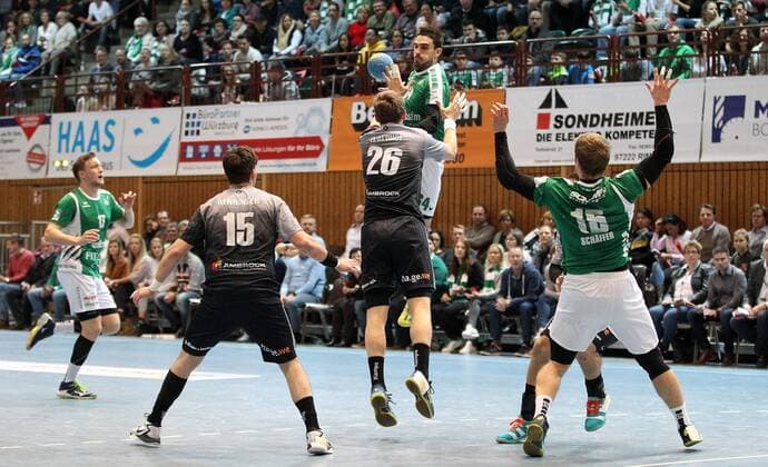v.li.: Patrick Schmidt (DJK Rimpar Wölfe), Julian Renninger (VfL Eintracht Hagen), Dominik Waldhof (VfL Eintracht Hagen), Benjamin Herth (DJK Rimpar Wölfe), Jan Schäffer (DJK Rimpar Wölfe), DKB 2. Handball-Bundesliga, DJK Rimpar Wölfe - VfL Eintracht Hagen,
