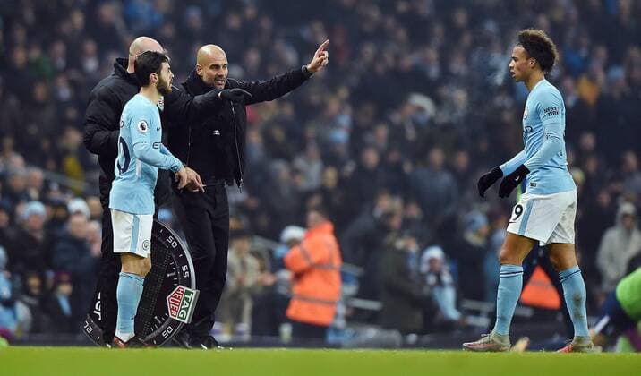 Manchester City Manager Josep Guardiola confusion over substitution with Bernardo Silva of Manchester City and Leroy Sane of Manchester City during the premier league match at the Etihad Stadium, Manchester. Picture date 16th December 2017. Picture credit should read: Robin ParkerSportimage EDITORIAL USE ONLY. No use with unauthorised audio, video, data, fixture lists, club league logos or live services. Online in-match use limited to 120 images, no video emulation. No use in betting, games or single club league player publications. HIP_0286.JPG