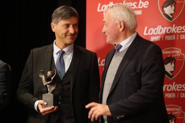Charleroi s head coach Felice Mazzu and Paul Van Himst pictured during the seventh edition of the Raymond Goethals award, for the coach who was the closest to Raymond Goethals, Monday 18 December 2017, in Genval. VIRGINIExLEFOUR  x05256488x