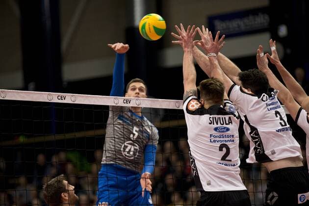 David Sossenheimer 5, VfB, Urpo Sivula 2, Sastamala, Thomas Carmody 3, Sastamala during the Volleyball 2018 CEV Champions League Sastamala - VfB Friedrichshafen match 19. December 2017 in Vantaa, Finland.  Copyright: xTomixHänninenx NP24_00052848