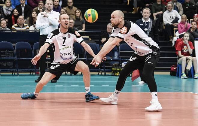 20171219, Vantaa, Finland 2018 CEV Volleyball Men s Champions League match Ford Store Levoranta Sastamala vs VfB Friedrichshafen Mikko Esko and Olli Kunnari Jarno Kuusinen All Over Press  1.03762957