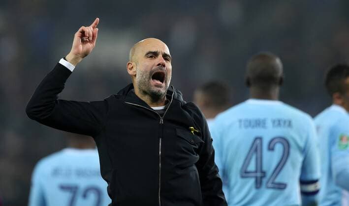 Football - 2017 2018 Carabao (EFL League) Cup - Quarter-Final: Leicester City vs. Manchester City Manchester City Manager Pep Guardiola celebrates at the King Power Stadium. COLORSPORT LYNNE CAMERON 