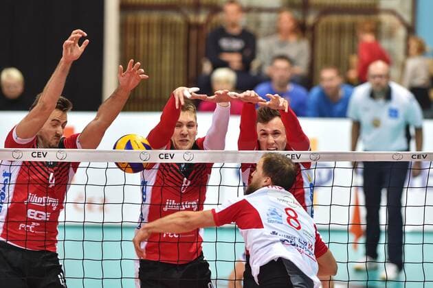 L-R Filip Krestan, Petr Ondrovic and Pawel Halaba of Budejovice and Axel Jacobsen of Hapoel in action during the 2018 CEV Volleyball Champions League - Men, 3rd Round, qualification match VK Jihostroj Ceske Budejovice vs Hapoel Mate-Asher Akko in Ceske Budejovice, Czech Republic, on December 20, 2017. (CTKxPhoto VaclavxPancer) CTKPhotoP201712200893201  VPC_1