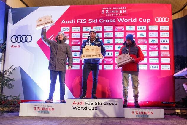 FREE STYLE - FIS SX WC Innichen INNICHEN,ITALY,21.DEC.17 - FREESTYLE SKIING - FIS World Cup, Ski Cross, price giving ceremony. Image shows Christoph Wahrstoetter (AUT), Marc Bischofberger (SUI) and Thomas Zangerl (AUT). GEPAxpictures xDanielxGoetzhaber