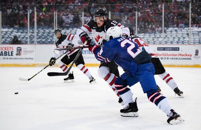Eishockey, Junioren WM, Outdoor, USA - Kanada 171229 Kanadas Kale Clague under ishockeymatchen i JVM mellan Kanada och USA den 29 december 2017 i Buffalo. Copyright: JOELxMARKLUND BB171229JM044