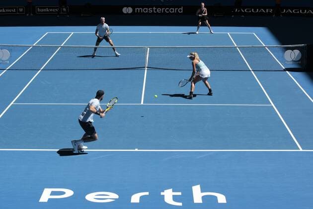 30th December 2017, Perth Arena, Perth, Australia; MasterCard Hopman Cup Tennis; Jack Sock of Team USA prepares for a forehand shot during the mixed doubles against Team Russia Russia won 2-1  ActionPlus11966264