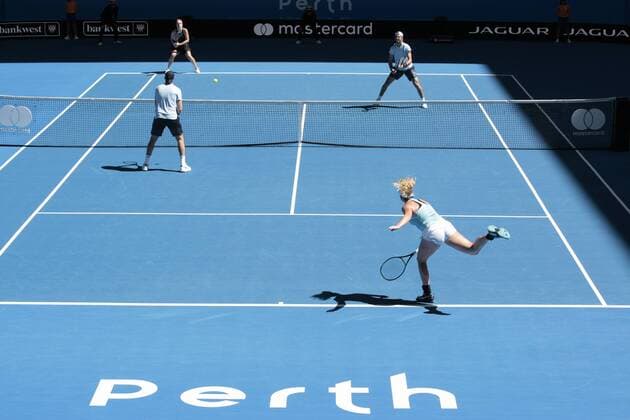 30th December 2017, Perth Arena, Perth, Australia; MasterCard Hopman Cup Tennis; CoCo Vandeweghe of Team USA serves to Anastasia Pavlyuchenkova of Team Russia during the mixed doubles Team Russia won 2-1  ActionPlus11966266