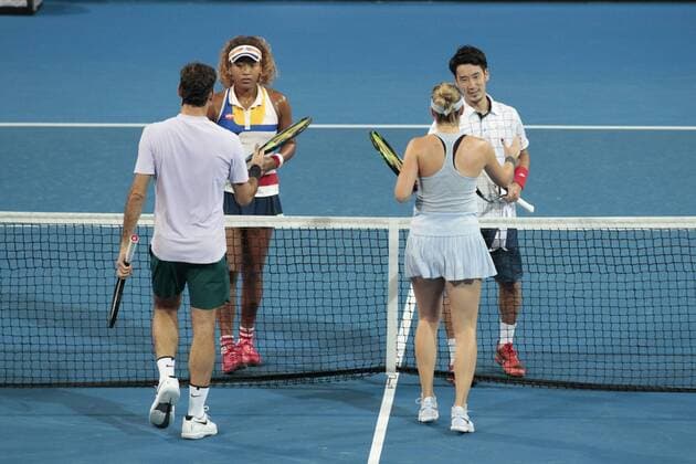 30th December 2017, Perth Arena, Perth, Australia; MasterCard Hopman Cup Tennis; Roger Federer and Belinda Bencic of Team Switzerland greet Naomi Osaka and Yuchi Sugita of Team Japan after they won their mixed doubles 2 sets to 1  ActionPlus11966415