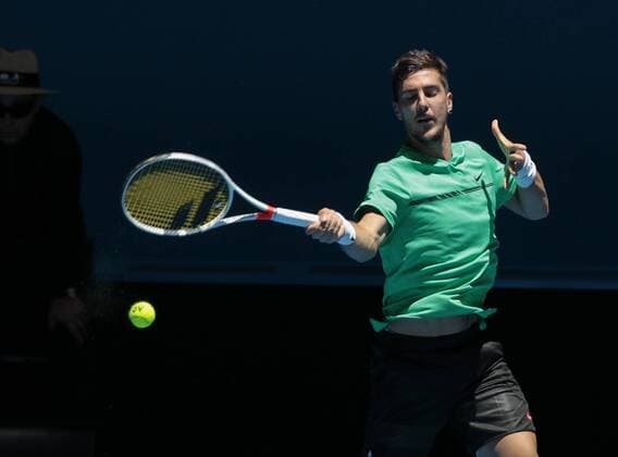 31st December 2017, Perth Arena, Perth, Australia; MasterCard Hopman Cup Tennis; Thanasi Kokkinakis of Team Australia plays a forehand shot to Vasek Pospisil of Team Canada Kokkinakis won 2 sets to 1  ActionPlus11966801