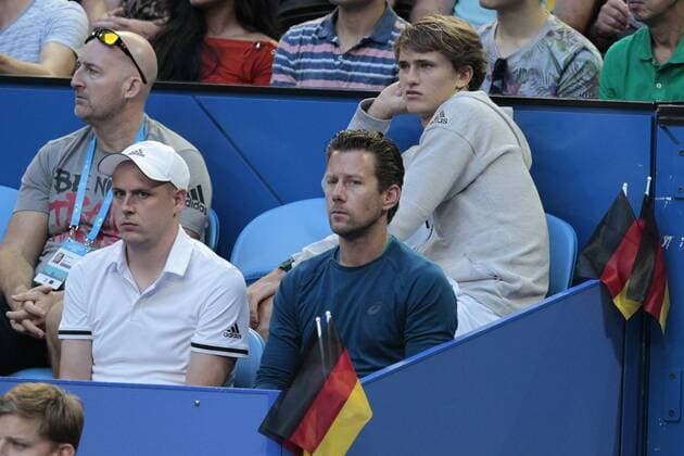 1st January 2018, Perth Arena, Perth, Australia; MasterCard Hopman Cup Tennis; Alexander Zverev of Team Germany (back right) watches Angelique Kerber win her her match against Elise Mertens of Team Belgium  ActionPlus11967105
