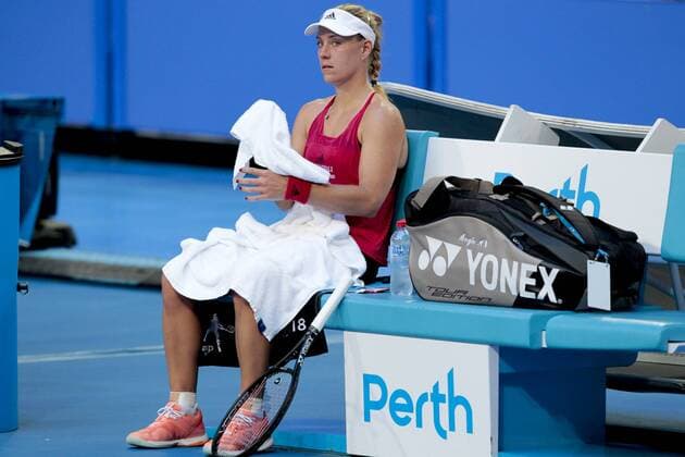 1st January 2018, Perth Arena, Perth, Australia; MasterCard Hopman Cup Tennis; Angelique Kerber of Team Germany takes a break during her match against Elise Mertens of Team Belgium Kerber won 2 sets to 0  ActionPlus11967110