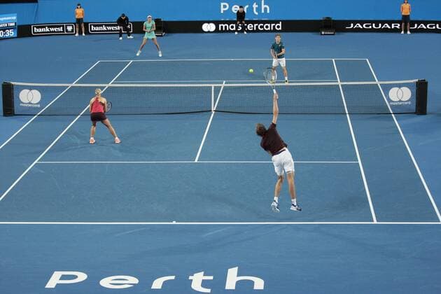 1st January 2018, Perth Arena, Perth, Australia; MasterCard Hopman Cup Tennis; Alexander Zverev of Team Germany serves to Elise Mertens of Team Belgium during the doubles won by Germany 2 sets to love  ActionPlus11967220