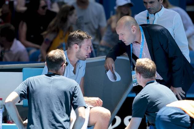 2nd January 2018, Perth Arena, Perth, Australia; MasterCard Hopman Cup Tennis; Jack Sock of Team USA talks to the tournament director Paul Kilderry during a break in play against Yuchi Sugita of Team Japan Sock eventually retired hurt to hand the match to Sugita  ActionPlus11967496