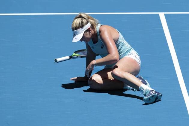 2nd January 2018, Perth Arena, Perth, Australia; MasterCard Hopman Cup Tennis; CoCo Vandeweghe of Team USA gets up from the court after slipping over during her match against Maddison Inglis 19 yr old from Western Australia replacement player for Naomi Osaka Vandewegh went on to win in straight sets 2-0  ActionPlus11967467