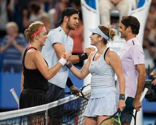 ANASTASIA PAVLYUCHENKOVA und KAREN KHACHANOV ,Team Russia gratulieren den Siegern BELINDA BENCIC und ROGER FEDERER, Team SWITZERLAND Tennis - Hopman Cup 2018 - ITF - Perth Arena - Perth - Western Australia - Australia - 2 January 2018. Â Copyright: xJuergenxHasenkopfx