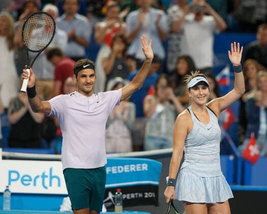 BELINDA BENCIC und ROGER FEDERER jubeln nach ihrem Sieg, Jubel,Freude,Emotion, Team SWITZERLAND Tennis - Hopman Cup 2018 - ITF - Perth Arena - Perth - Western Australia - Australia - 2 January 2018. Â Copyright: xJuergenxHasenkopfx