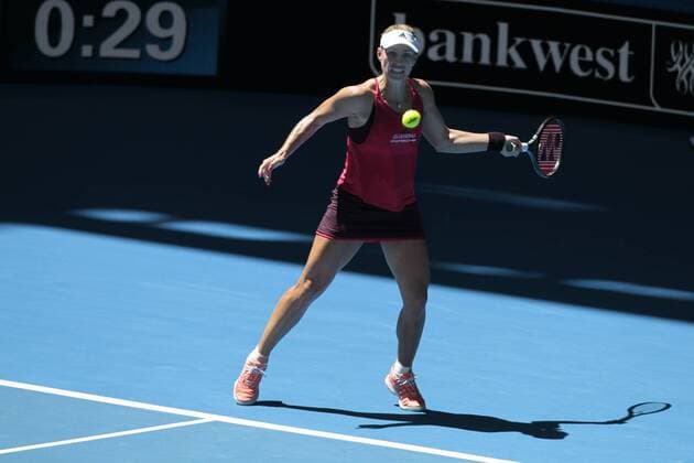 3rd January 2018, Perth Arena, Perth, Australia; MasterCard Hopman Cup Tennis; Angelique Kerber of Team Germany prepares to play a forehand shot against Eugenie Bouchard of Team Canada Kerber won in straight sets 2-0  ActionPlus11967737