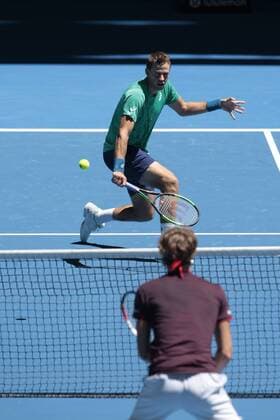 3rd January 2018, Perth Arena, Perth, Australia; MasterCard Hopman Cup Tennis; Vasek Pospisil of Team Canada volleys with Alexander Zverev of Team Germany ready to pounce during the mixed doubles  ActionPlus11967750