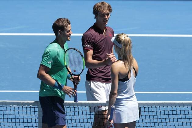 3rd January 2018, Perth Arena, Perth, Australia; MasterCard Hopman Cup Tennis; Eugenie Bouchard of Team Canada congratulates Alexander Zverev of Team Germany after Germany won the mixed doubles 2-0  ActionPlus11967753