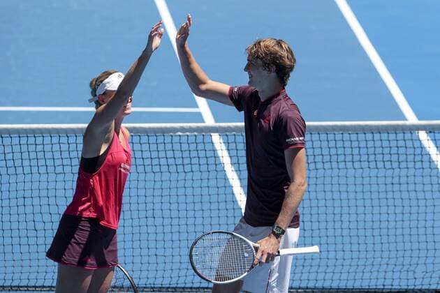 3rd January 2018, Perth Arena, Perth, Australia; MasterCard Hopman Cup Tennis; Angelique Kerber and Alexander Zverev of Team Germany high five after winning the mixed doubles against Canada 2-0  ActionPlus11967755