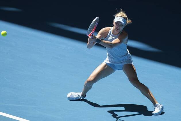 3rd January 2018, Perth Arena, Perth, Australia; MasterCard Hopman Cup Tennis; Eugenie Bouchard of Team Canada plays a backhand shot against Angelique Kerber of Team Germany Kerber won 2 sets to 0  ActionPlus11967759
